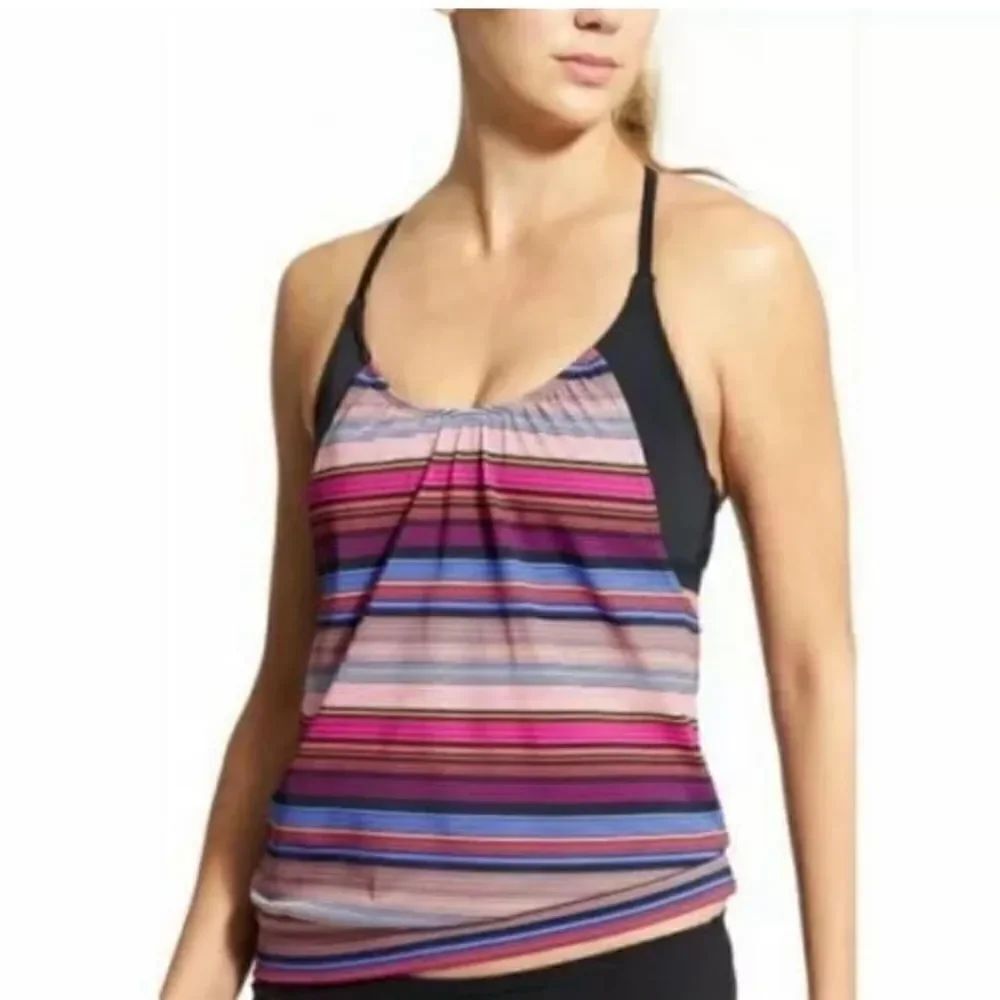 Athleta Capri Stripe Blousy Tankini Top Swimsuit Size 34D/DD